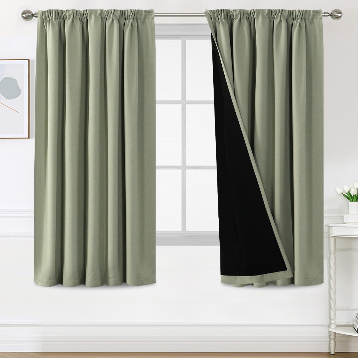 BellaHills 100% Blickdicht Vorhang mit Kräuselband 2er Set H175 x B140 cm Schlafzimmer Gardinen Blickdicht Verdunklungsvorhänge Thermal Curtains Blackout Vorhang, Salbei Hell