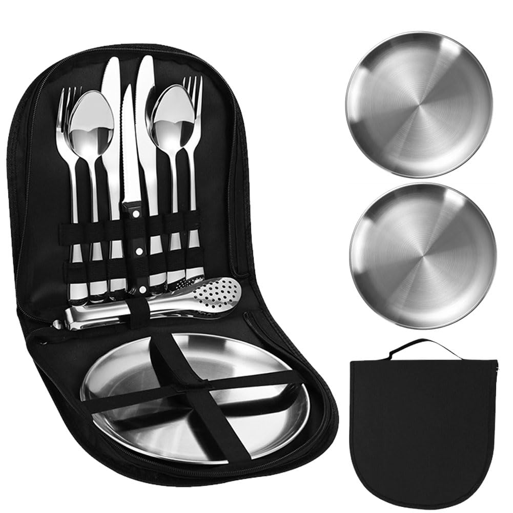 Set Posate Da Campeggio 11 Pezzi In Acciaio Inox - Per 2 Persone Con Borsa Portatile
