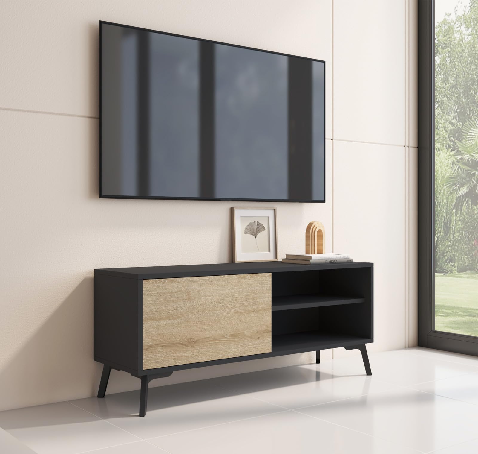 MB Muebles Bonitos | Meuble TV Bas Kai avec 1 Porte pour Salon Moderne | Meuble en Mélamine Mate | Couleur Noir et Sonoma | 100x42x30 cm