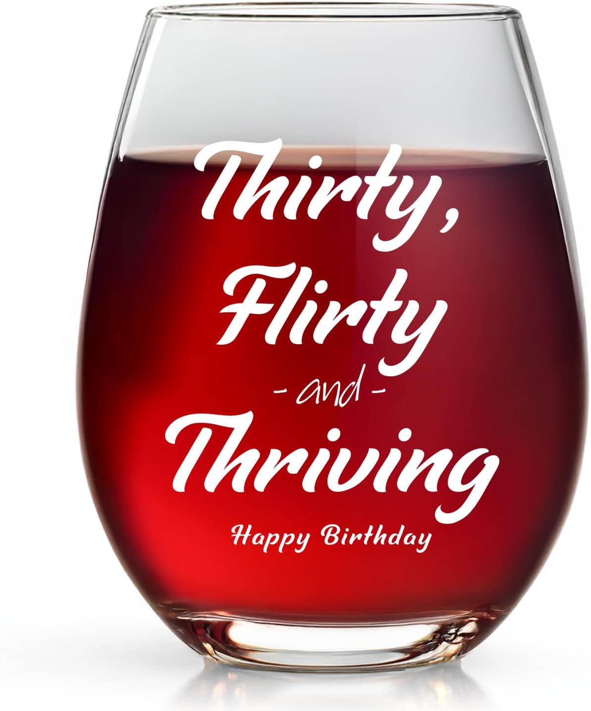 30th Birthday Gifts for Her, Thirty Flirty Thriving 30th Birthday Stemless Wine Glass, Funny Cute Wine Glass Gift Ideas Thirteen Going on 30 for Women (White, 15, ounces)