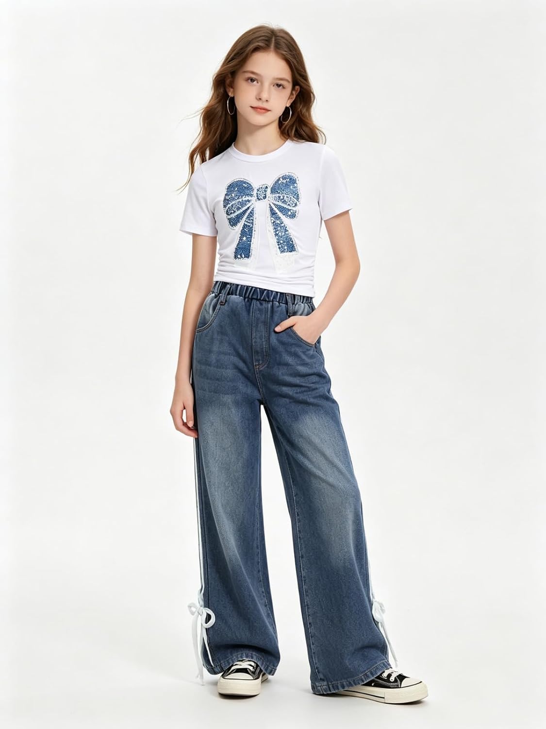 Size 7-14Y Girls Clothes 2 Piece Outfits Cute Bow T-Shirt&Top Striped Wide Leg Jeans Pants Summer Clothing Set