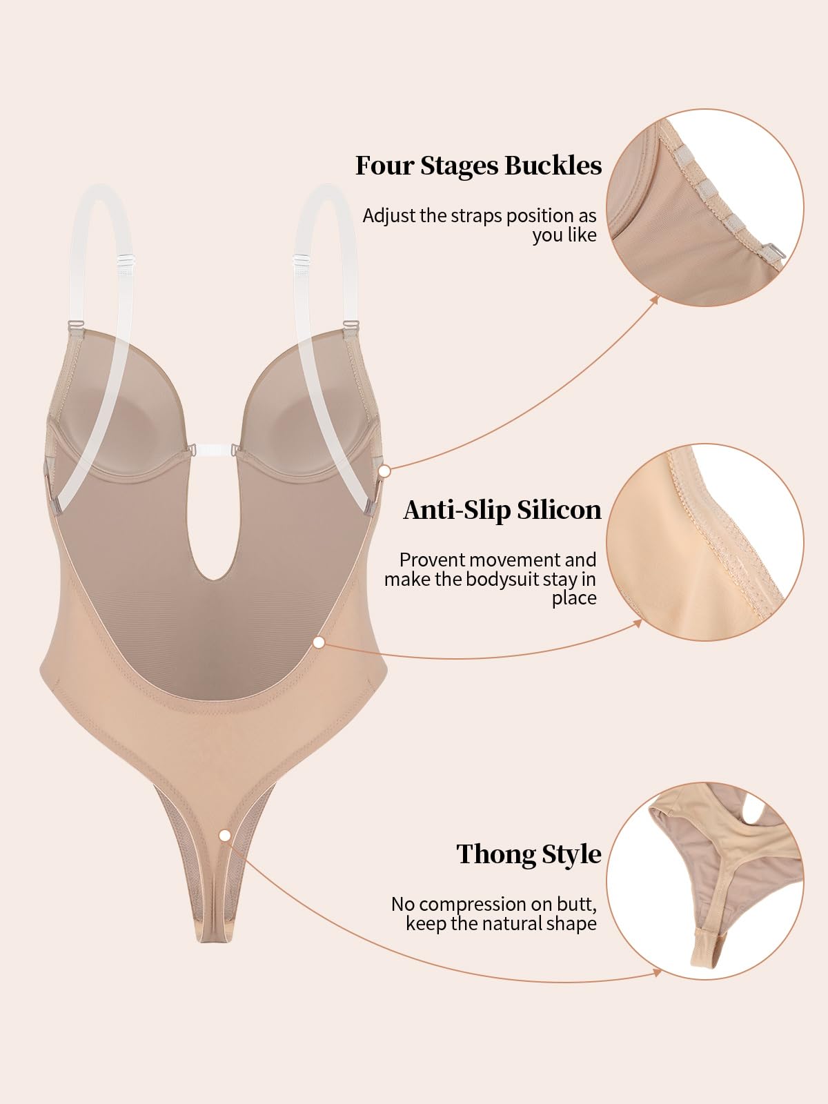 SHAPERIN Damen Rückenfreier Bodysuit Tiefer V-Ausschnitt Body Shaper Bauchweg Formender Body String Shapewear mit Push Up BH