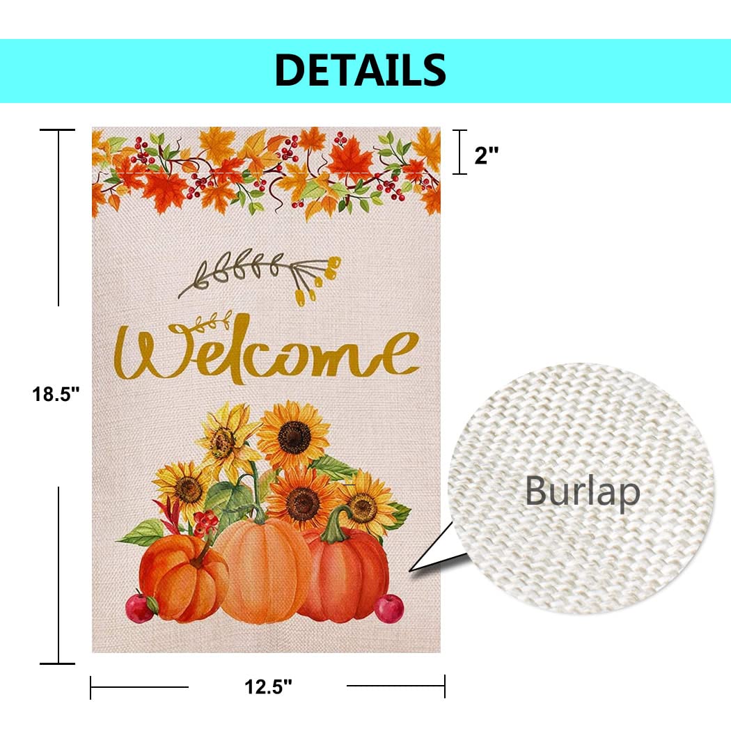 Welcome Fall Burlap Garden Flag Double Sided Vertical Yard Lawn Outdoor Pumpkin Sunflower Autumn Maple Leaves Decorative for Autumn and Thanksgiving Day 12.5x18.5 inch (Not Included Stand)