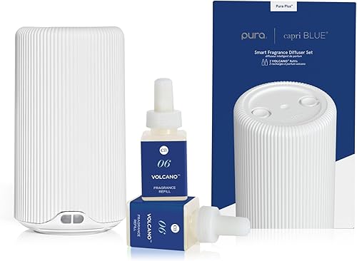 Capri Blue Pura Plus - Kit de difusor de fragancia Smart Home, incluye 1 difusor de Pura de mesa y 2 repuestos de volcán pura, notas de frutas