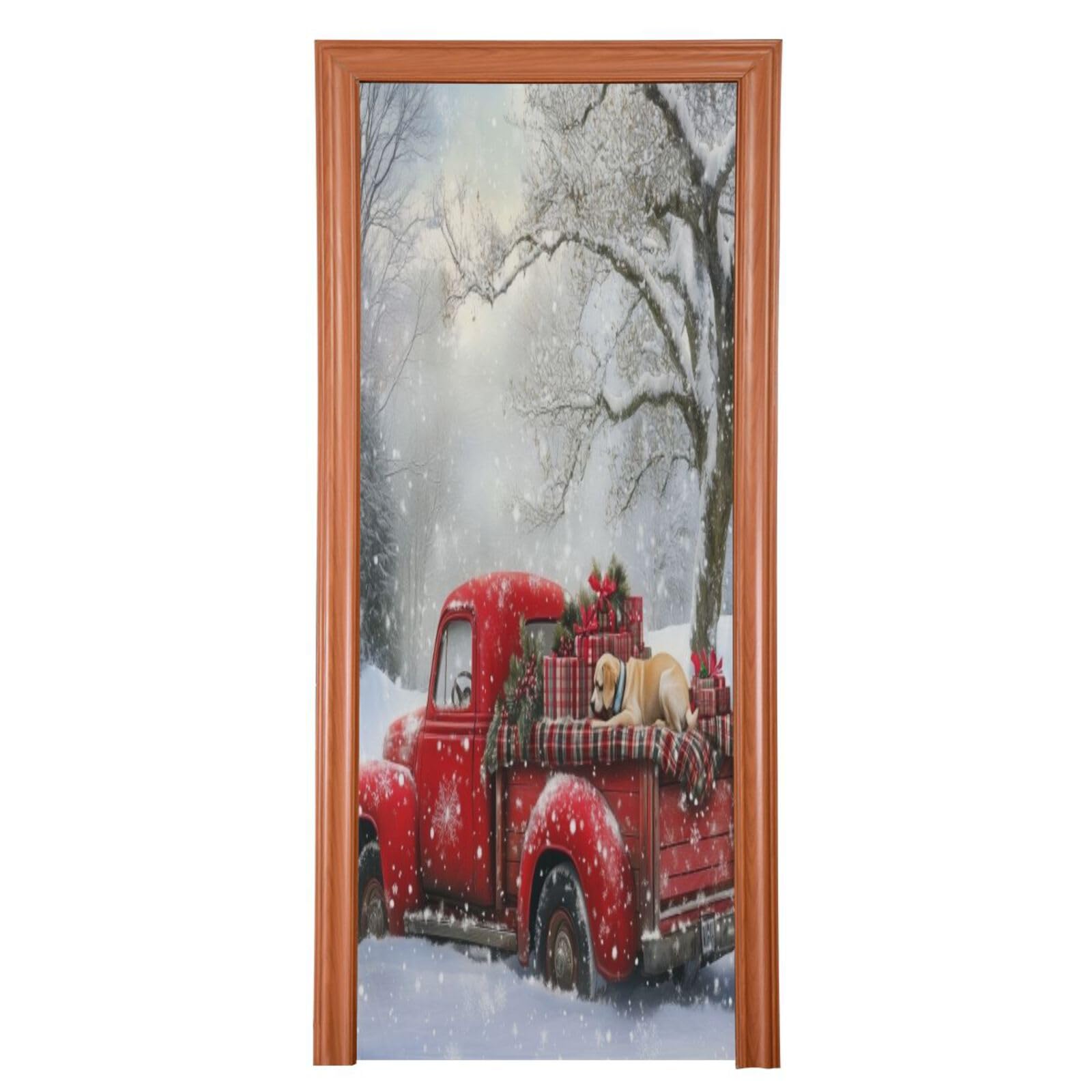 J JOYSAY Red Truck Dogs Door Decorations Door Cover Christmas Decoration Xmas Front Door Cover Decoration for Christmas Indoor Decor,35x79 in