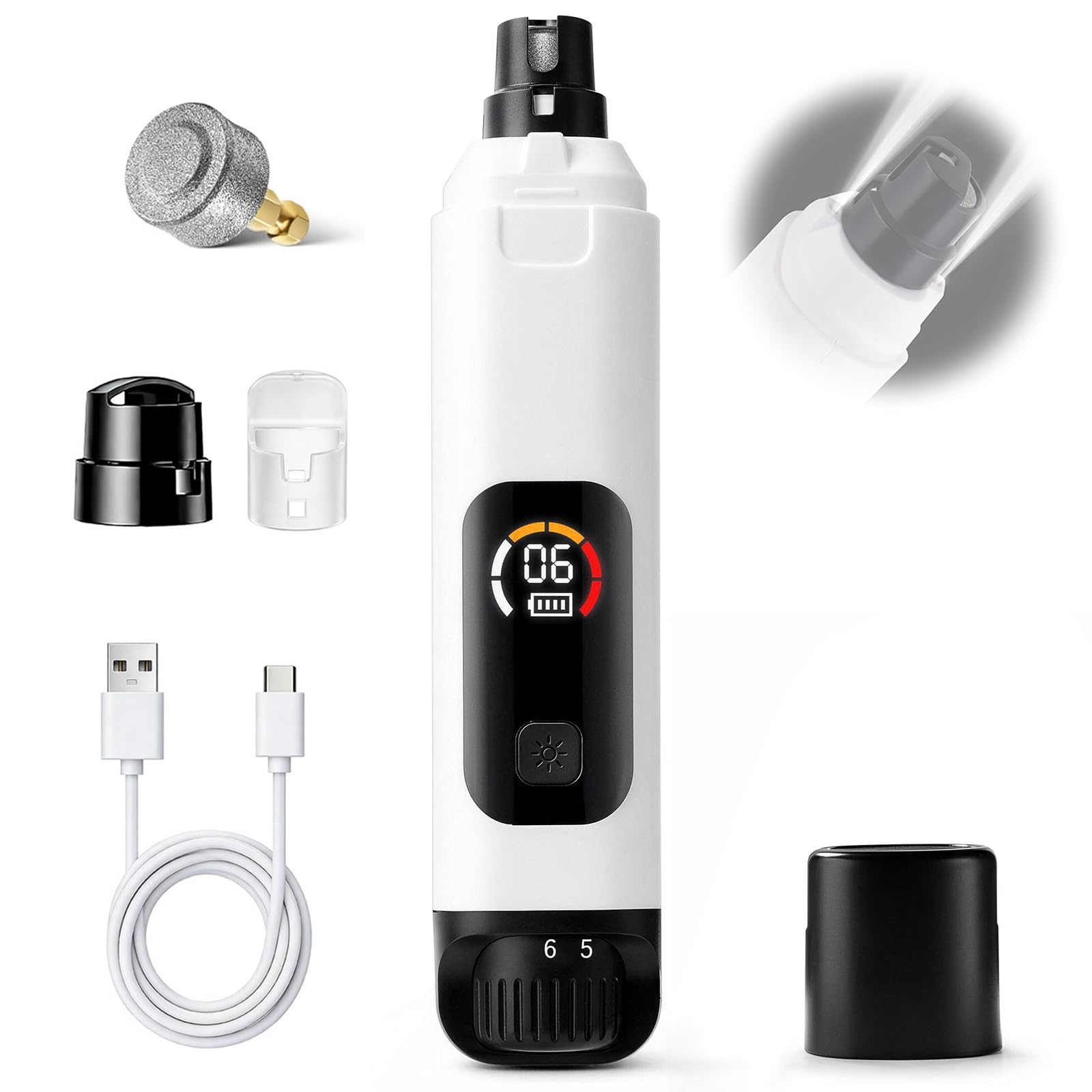 Tismels Dog Nail Grinder, 6-Speed Electric Pet Nail Trimmer with Dual LED Lights, USB Rechargeable, Quiet Low Vibration Nail File for Small Medium Large Dogs and Cats, Removable Grinding Head