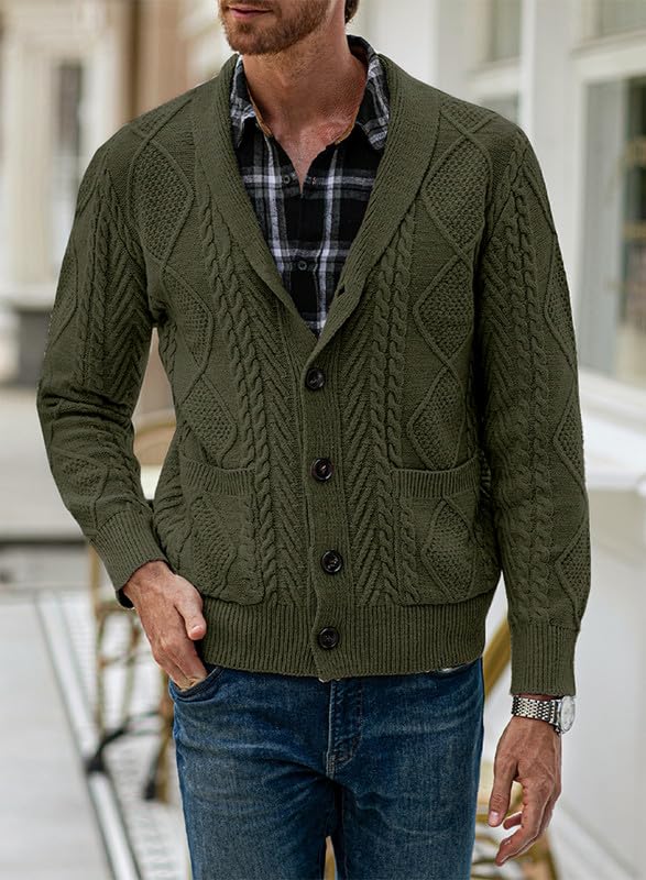 Mens Casual Shawl Collar Cardigan Sweater Slim Fit Cable Knit Button Up Sweaters with Pockets3