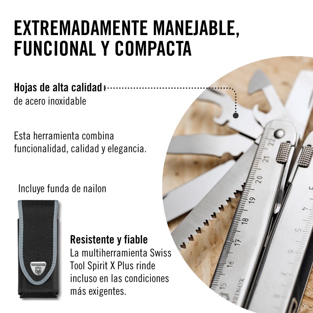 Victorinox Multifunktionswerkzeug SwissTool X Plus (37 Funktionen, Bit-Schlüssel, Kombi-Zange) Leder-Etui, silber