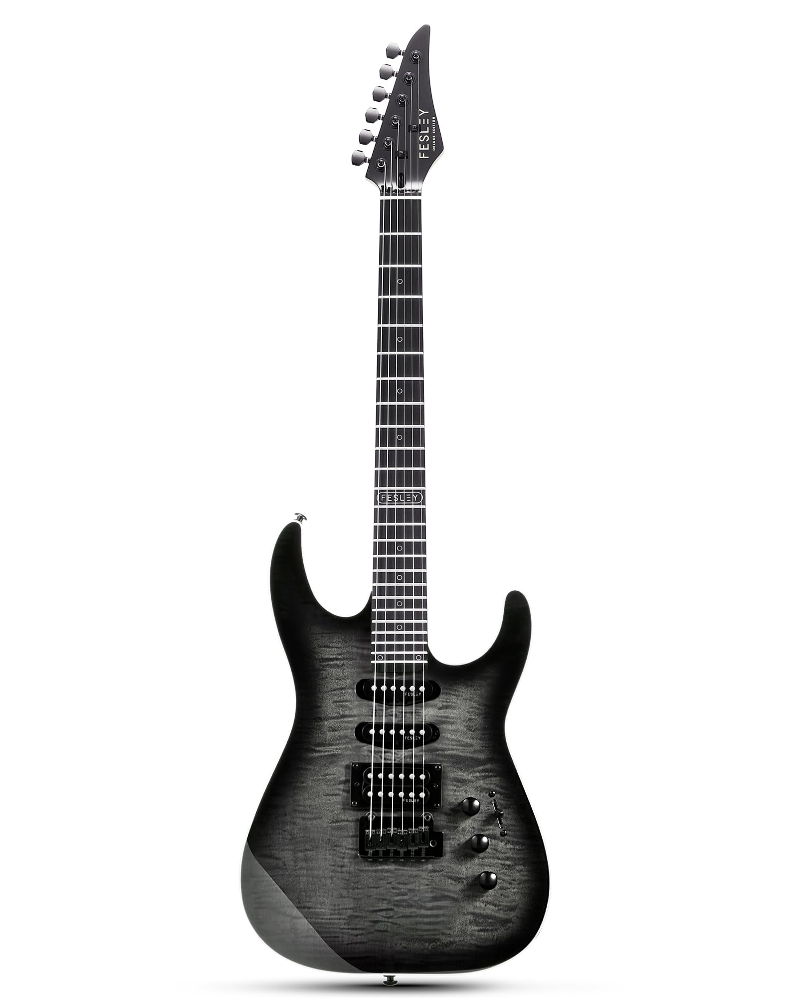Fesley Electric Guitar, Full Size Solid Body Electric Guitar Beginner Kit, HSS Pickup With Coil Split, Poplar Body Flame Maple Top Maple Neck With Gig Bag, Cable, Strap, Tuner, FDK800, Black
