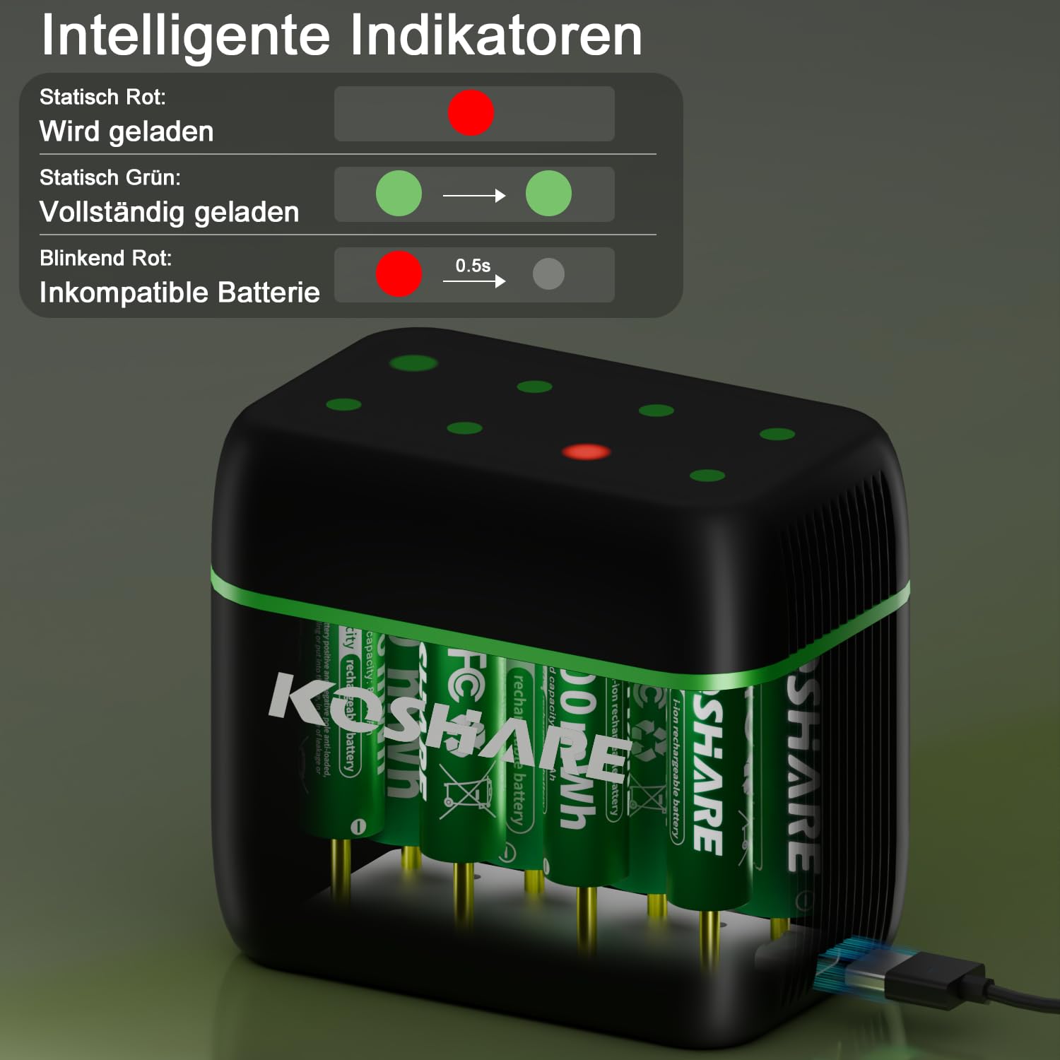 Pilas recargables de litio AAA de 1,5 V AA con cargador, 4 unidades de 3700 mWh doble A y 4 unidades de 1300 mWh triple A de alta capacidad, recargables hasta 1200 veces (negro y verde)