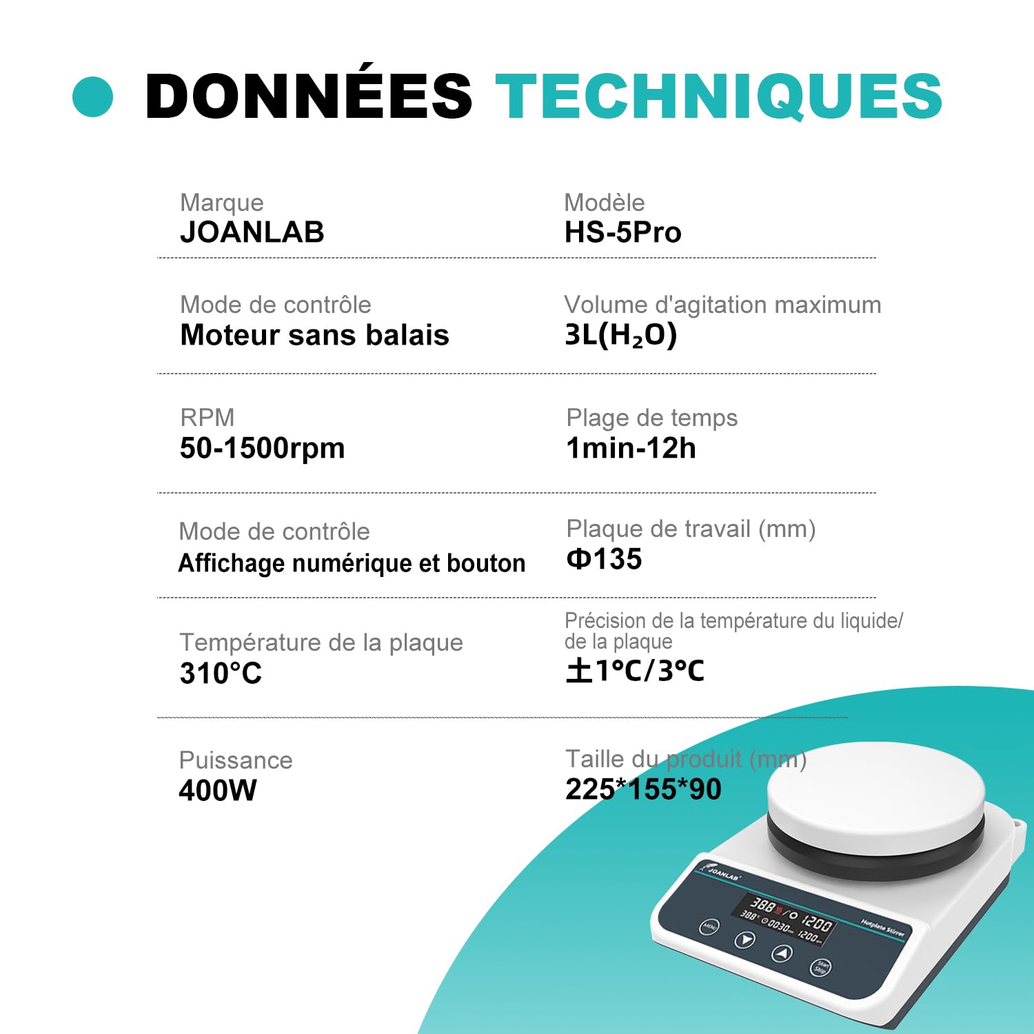 JOANLAB Agitateur Magnétique avec Plaque Chauffante, 310°C, Plaque Chauffante Céramique 5 Pouces, Mélangeur Magnétique Numérique avec Minuterie, 50-1500 tr/min, 3L, Sonde de Température et Barreau