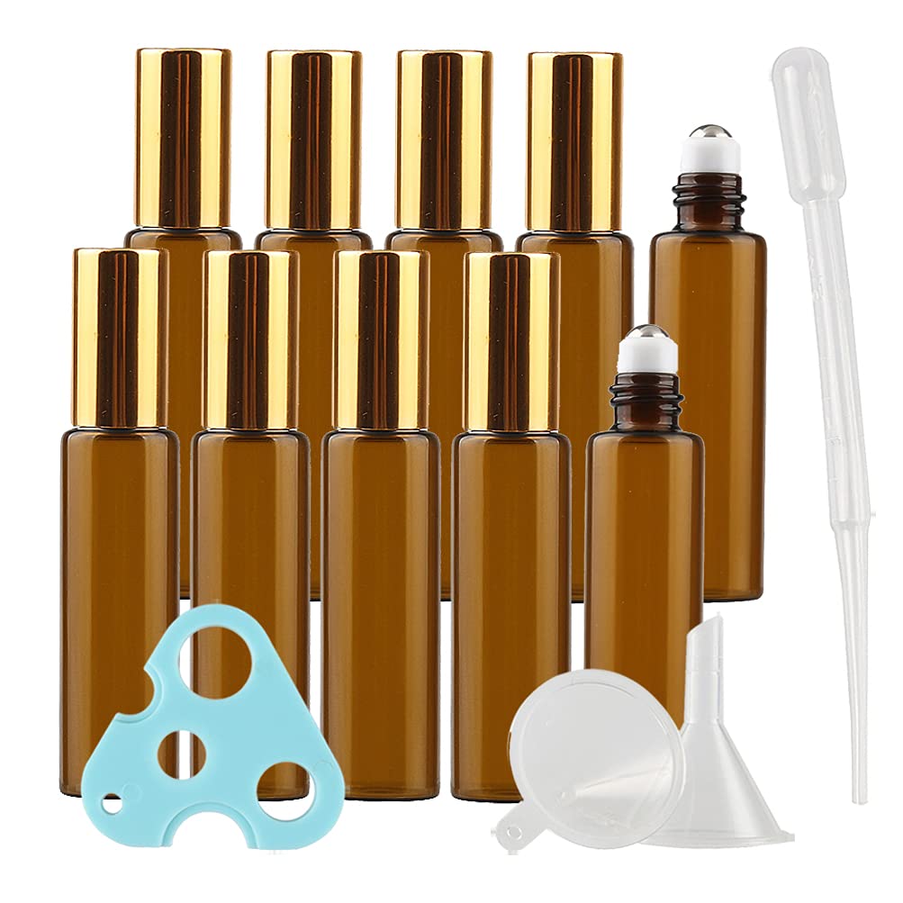 Lot de 20, Flacons à Bille pour Huiles Essentielles 10ml – Bouteilles Roll On en Verre Marron Ambre avec Or Bouchon à Vis avec 1x décapsuleur 1x entonnoir 1x pipette