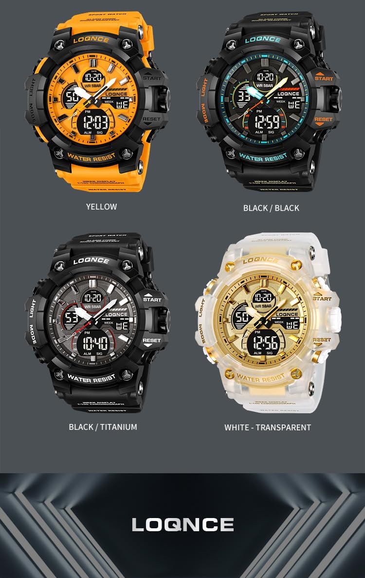 FANMIS Reloj deportivo analógico digital para hombre, color dorado transparente, resistente al agua hasta 50 m, con retroiluminación LED, cronómetro, alarma, reloj casual para hombre