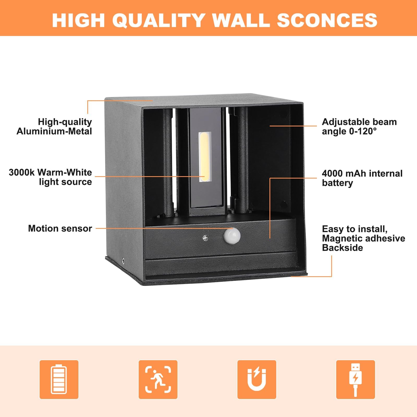 Lámpara de Pared con Batería de 4000mAh 2 Unidades sin Conexión de Alimentación con Detector de Movimiento Recargable LED Lámpara de Pared Inalámbrica para Pasillo Escalera Salón Dormitorio