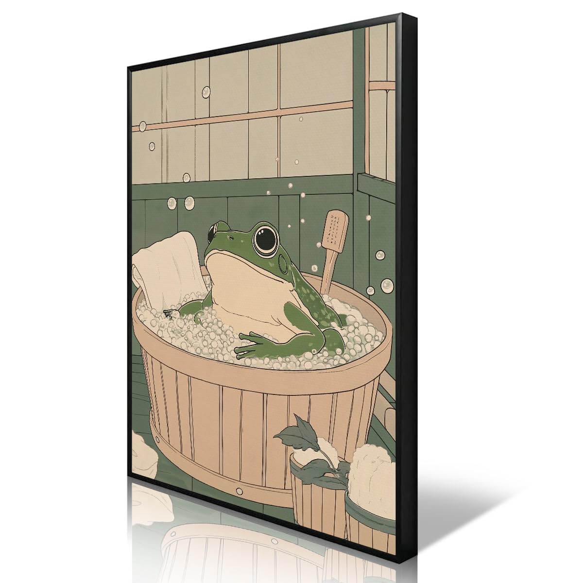 Prinajssiad Frog1-Framed Japanese Frog In A Bathtub Wall Art, Japandi Bathing Frog Poster, Funny Bathroom Wall Picture, Cute Animal In Bathtub Relaxing Print, Green Wabi Sabi Japan Painting For Restroom 12X16in Framed