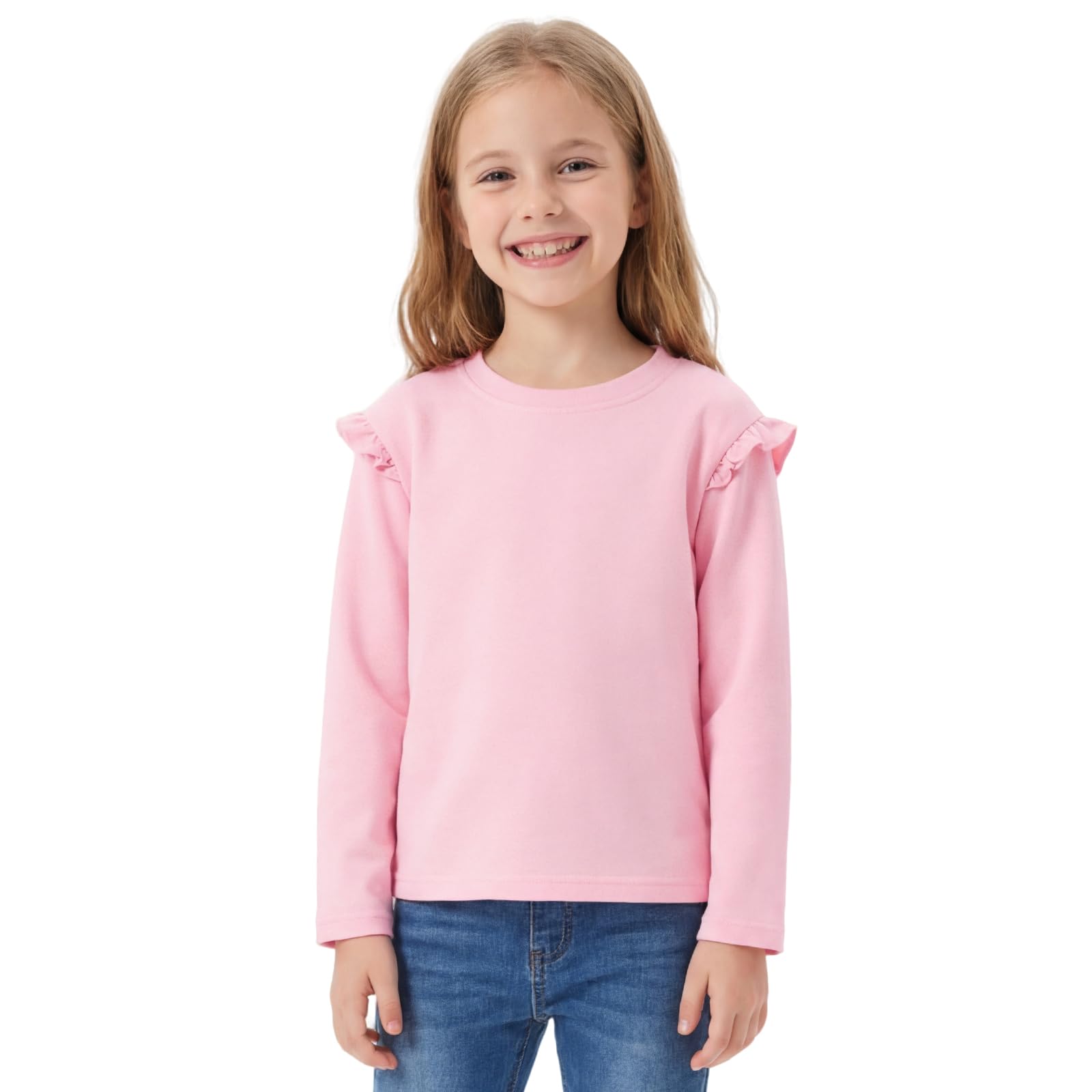 T-Shirt Bambina Ragazze Manica Lunghe Cotone Maglietta con Girocollo Unicolore Arricciate Tee Comoda Casual Base Top Sport Scuola Primavera Autunno Abbigliamento per Ragazza 6-12 Anni