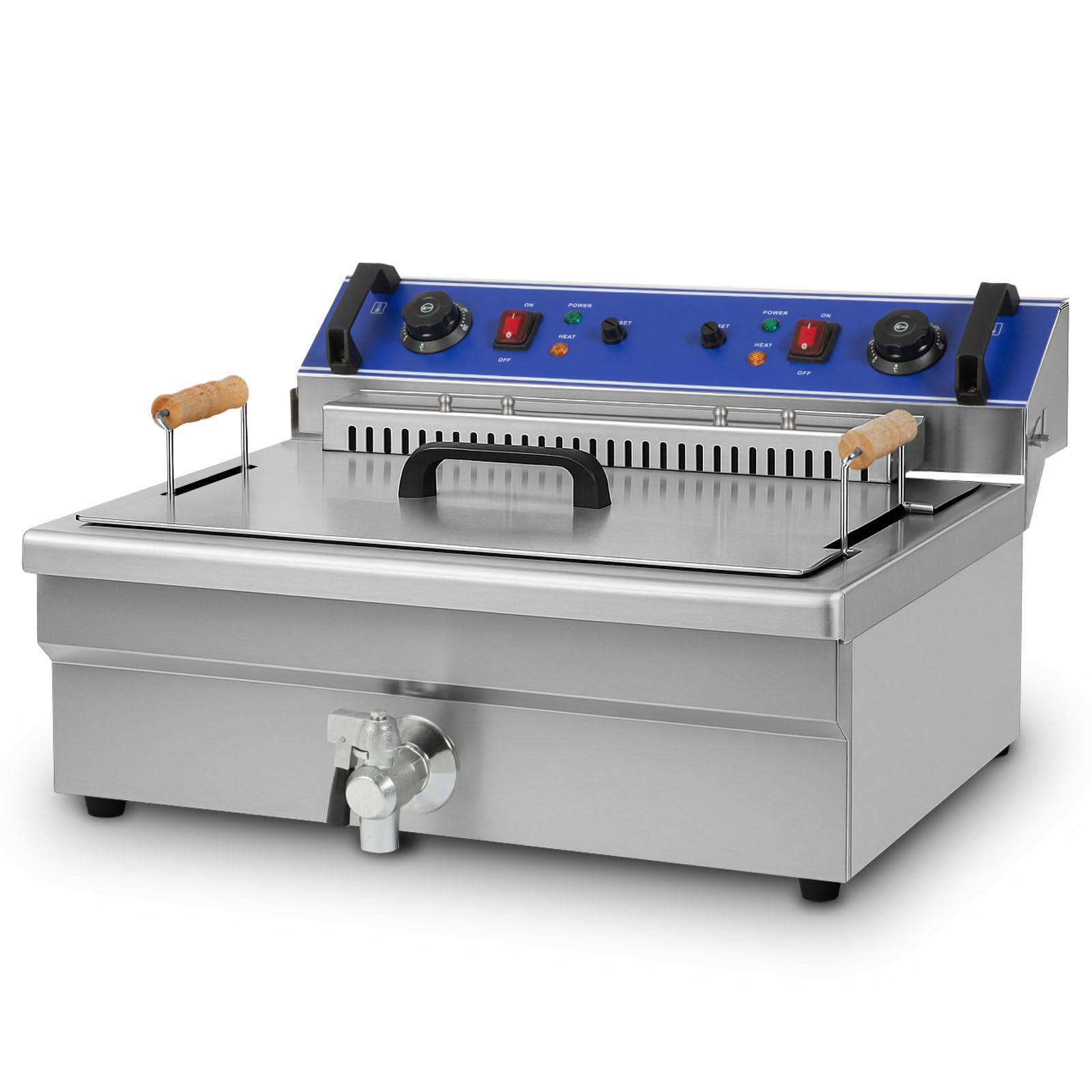VERTES Freidora Acero Inoxidable 25L, 5000W, 230V, Principio de zona fría, Temperatura ajustable sin escalonamientos 50-250°C, Grifo de vaciado, Cesta de freír, Botón de reinicio