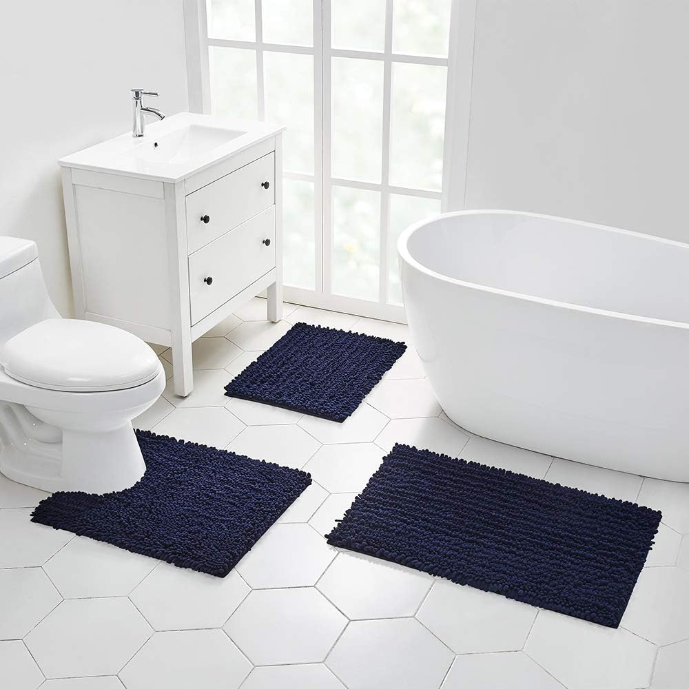 Walensee Bathroom Rug Non Slip Bath Mat (36x24 Inch Navy) Water Absorbent Super Soft Shaggy Chenille Machine Washable Dry Extra Thick Perfect Absorbant Best Large Plush Carpet for Shower Floor