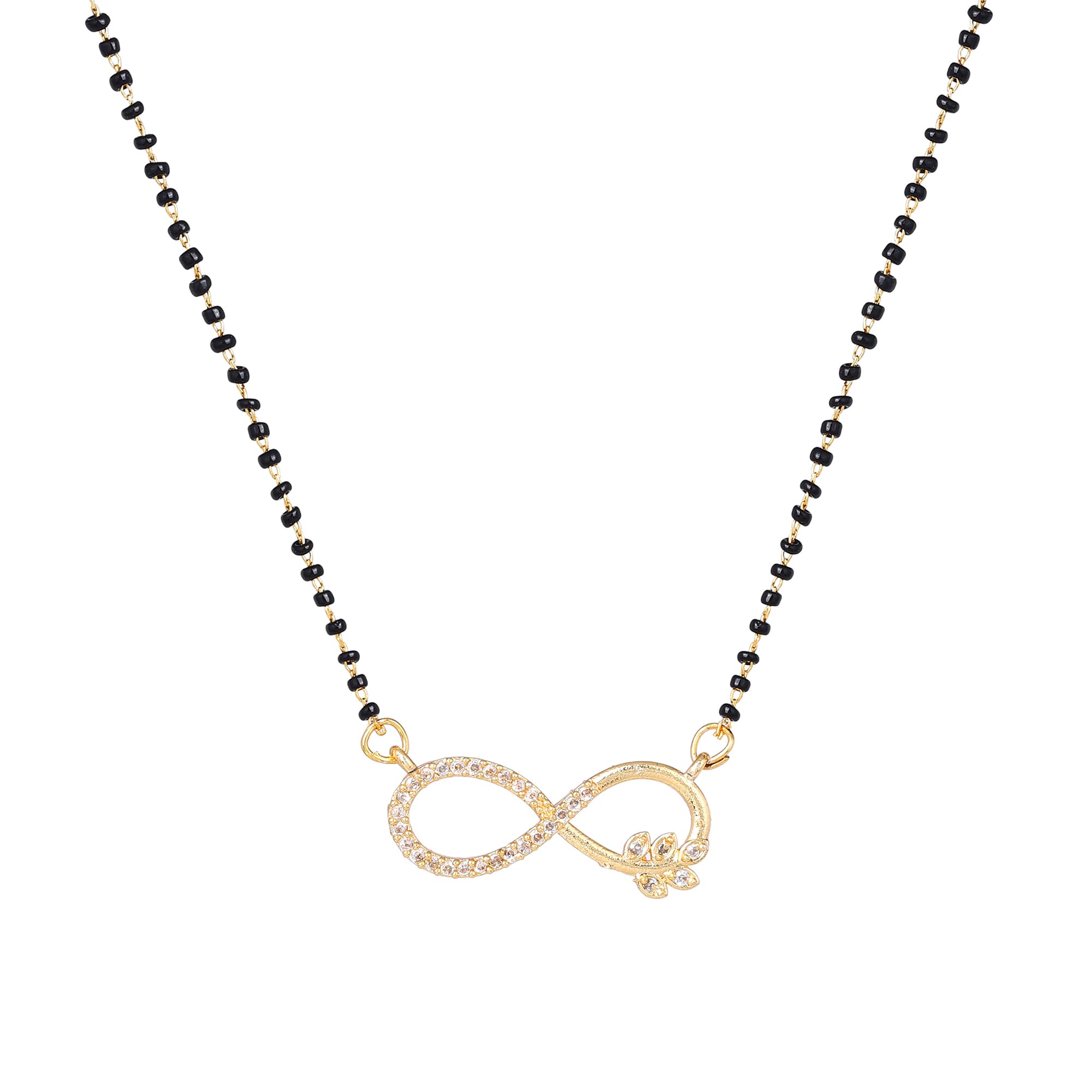 Gold Plated Splendid Infinity Designer Pendant Mangalsutra Chain with Black Beads & White Crystals for Women