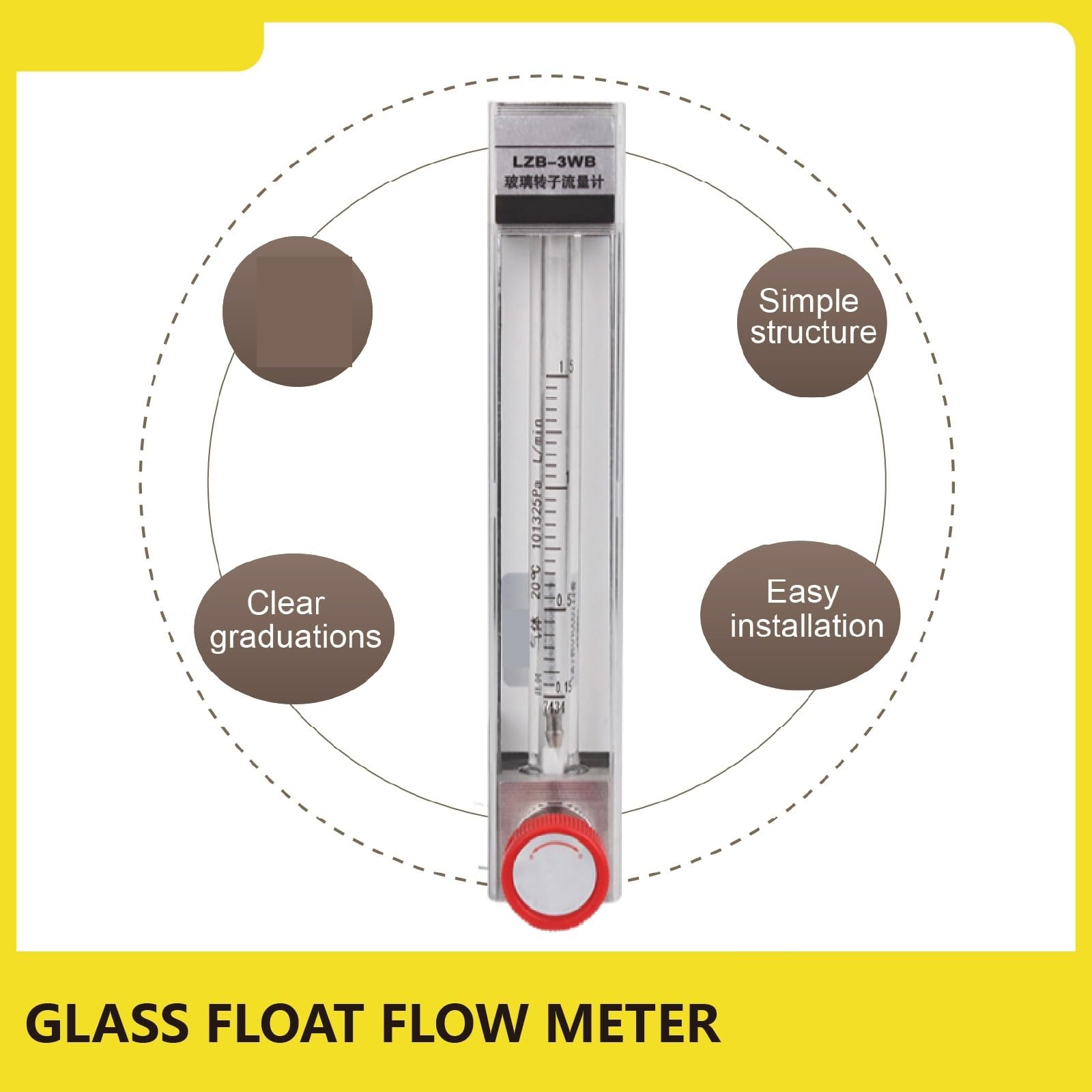 1 medidor de flujo flotante de vidrio LZB-3WB micro ajustable para agua líquida, rotámetro de área variable (10-100 ml-min)