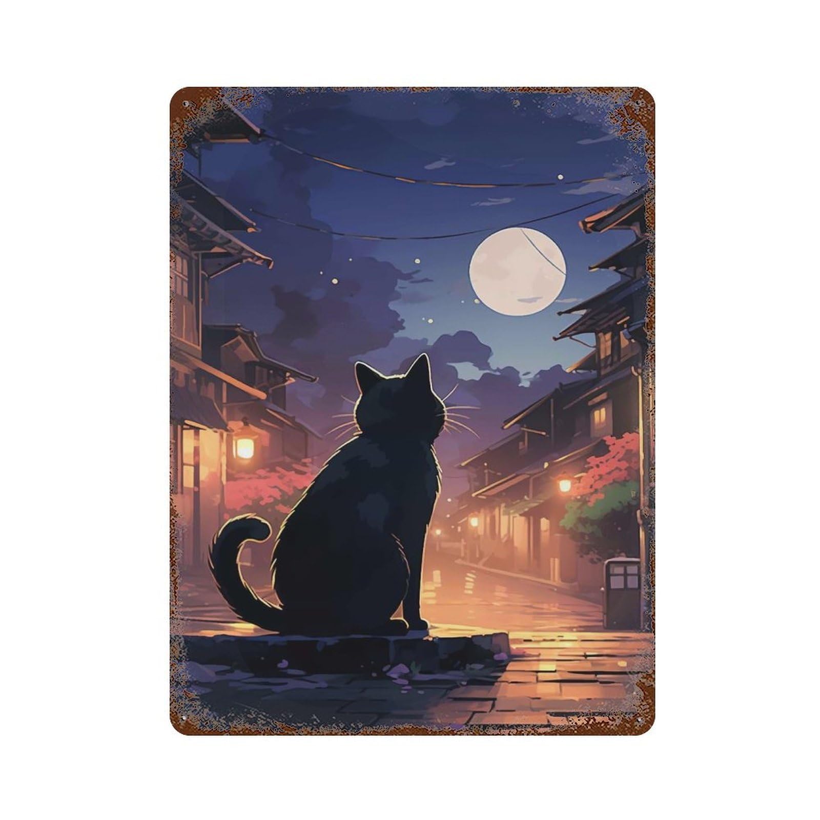Vintage Rust Metal Sign Cat Moon Japanese 15.7"x11.8", Decorative Metal Wall Art for Basement, Hobby Room And Garage Decor