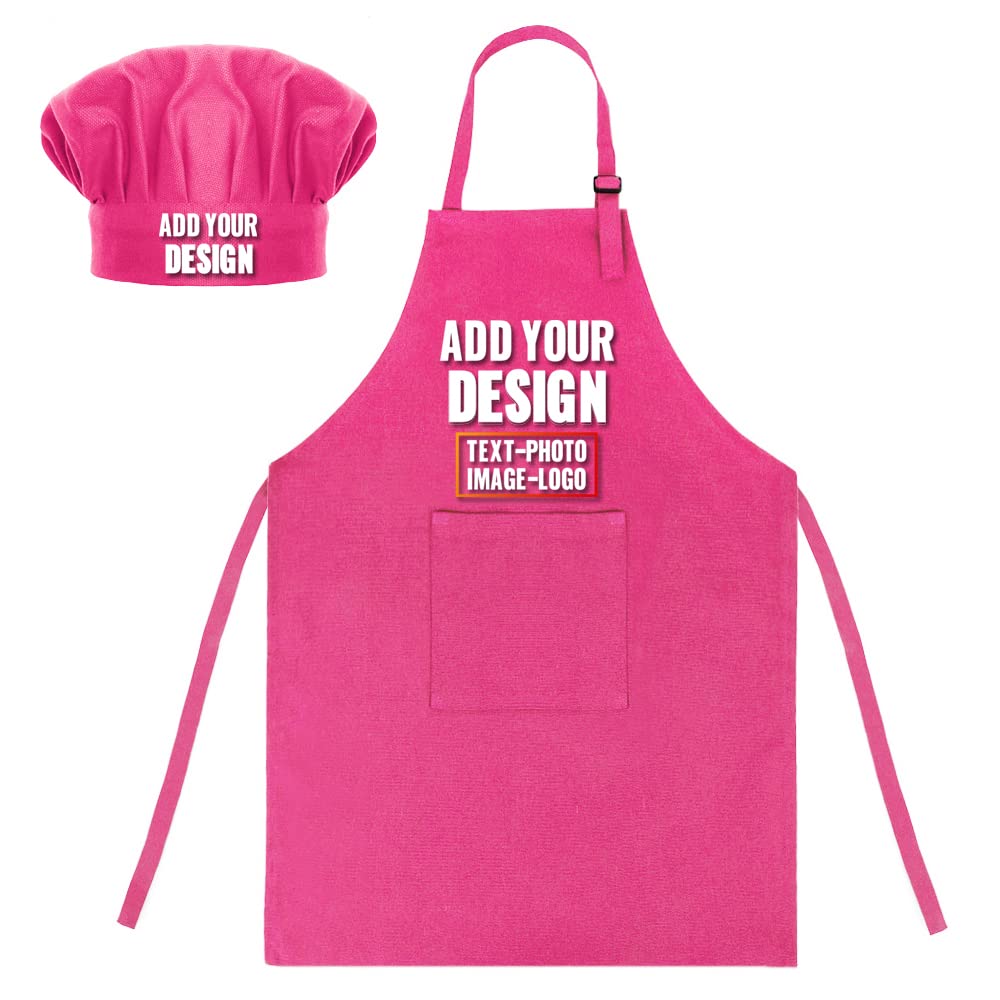 TopTie Custom Kids Apron and Chef Hat Set, Adjustable Cotton Child Cooking Kitchen Apron, S-XXL-Hot Pink-M