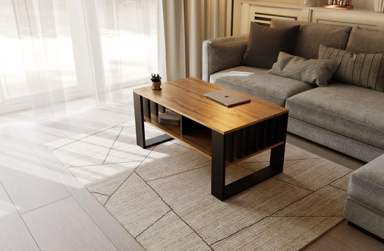 Meble Pitus - Mesa de Centro Moderna, con Espacio de Almacenamiento, 90 x 50 x 50 cm - Decoración Hogar - con Doble Estante Abierto - Muebles con Elementos laminares - Roble Eterno