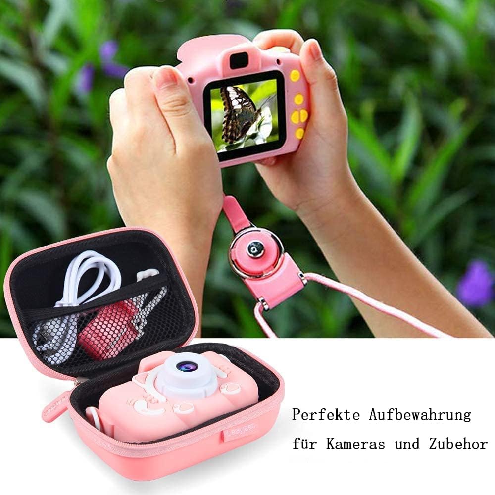 Leayjeen Kids Camera Protective Case with a camera and accessories, and a child holding a camera, illustrating practical use.
