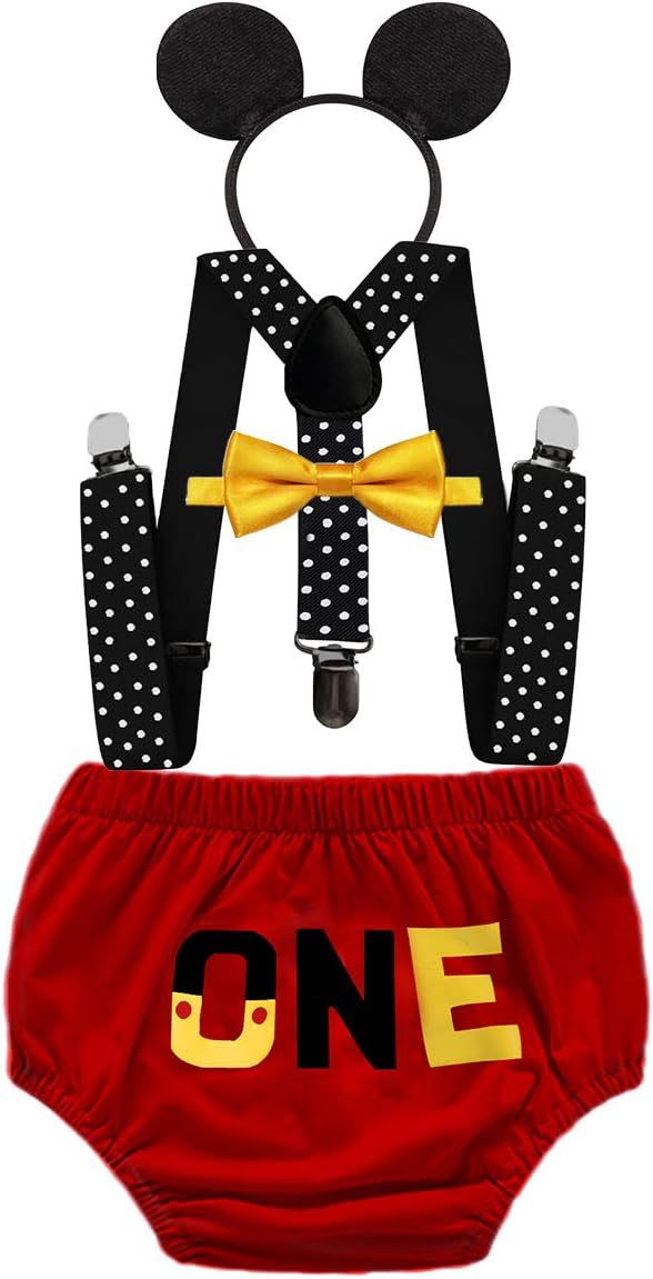 Mickey Birthday Outfits Cake Smash Photo Prop Bow Tie Suspenders ONE Bloomers Headband Baby Shower Costume