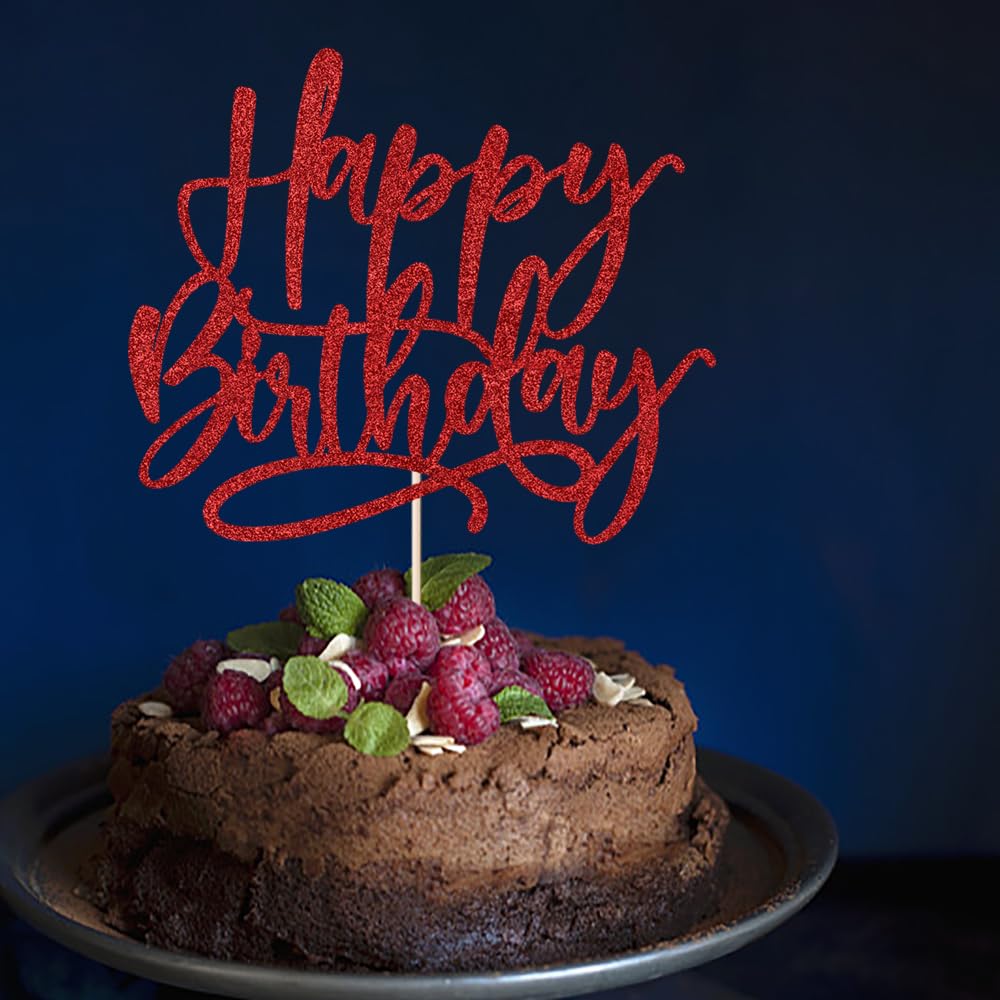Kaoenla Decoración para tartas de feliz cumpleaños con purpurina, decoración de pastel de feliz cumpleaños con purpurina dorada, adecuada para decoración de fiestas para aniversario/cumpleaños (rojo)