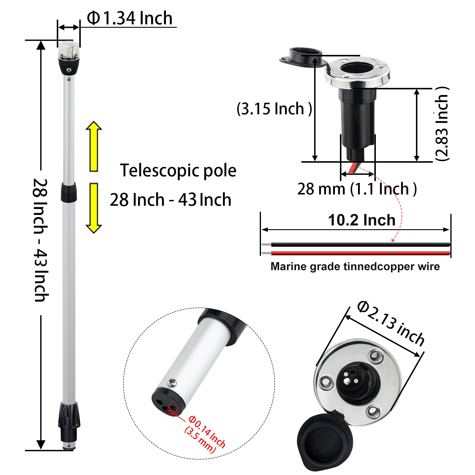 Luce di poppa/ancoraggio telescopica in alluminio, navigazione a LED a tutto tondo, 10-30 VDC, 28-43 pollici, base plug-in rimovibile, per pontone e barche