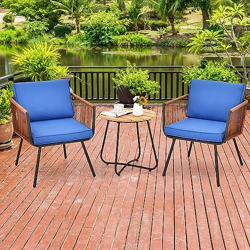 Image of BRISHI Garden Patio Seating Chair and Table Set Outdoor Balcony Garden Coffee Table Set Furniture with 1 Table and 2 Chairs Set with Cushion Braid & Rope (Brown /Blue)