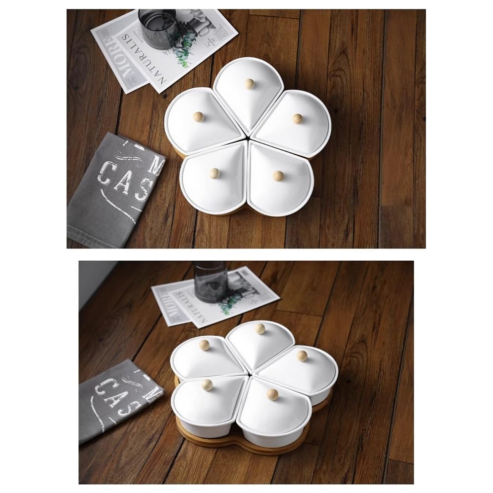 Plateau à goûter divisé avec 5 bols en céramique sur base en bambou – Parfait pour les apéritifs et les collations | Plateau de service polyvalent pour toutes les occasions