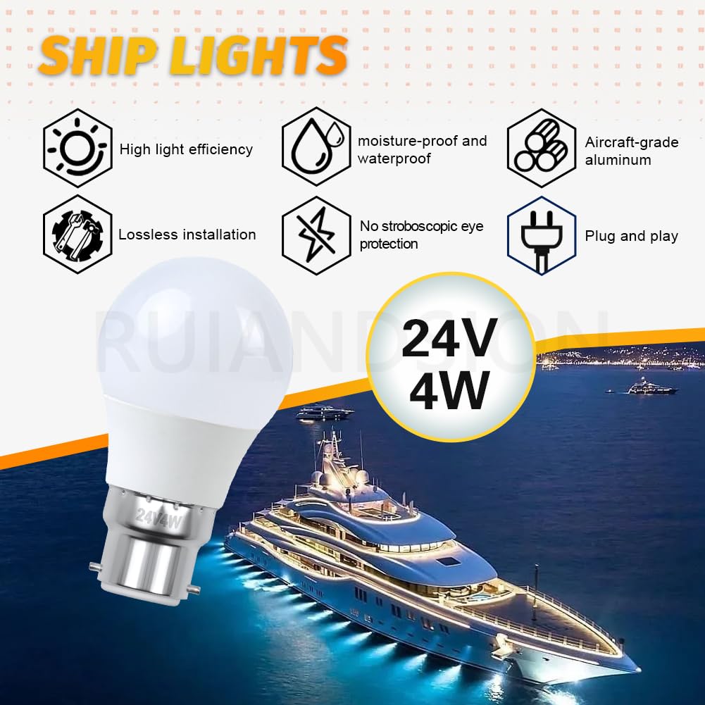 Ruiandsion Bombilla B22 formato C45 de 4W, esferas luminosas de baja tensión 24V Blanco Cálido, repuesto para iluminación naval, paquete de 10 unidades