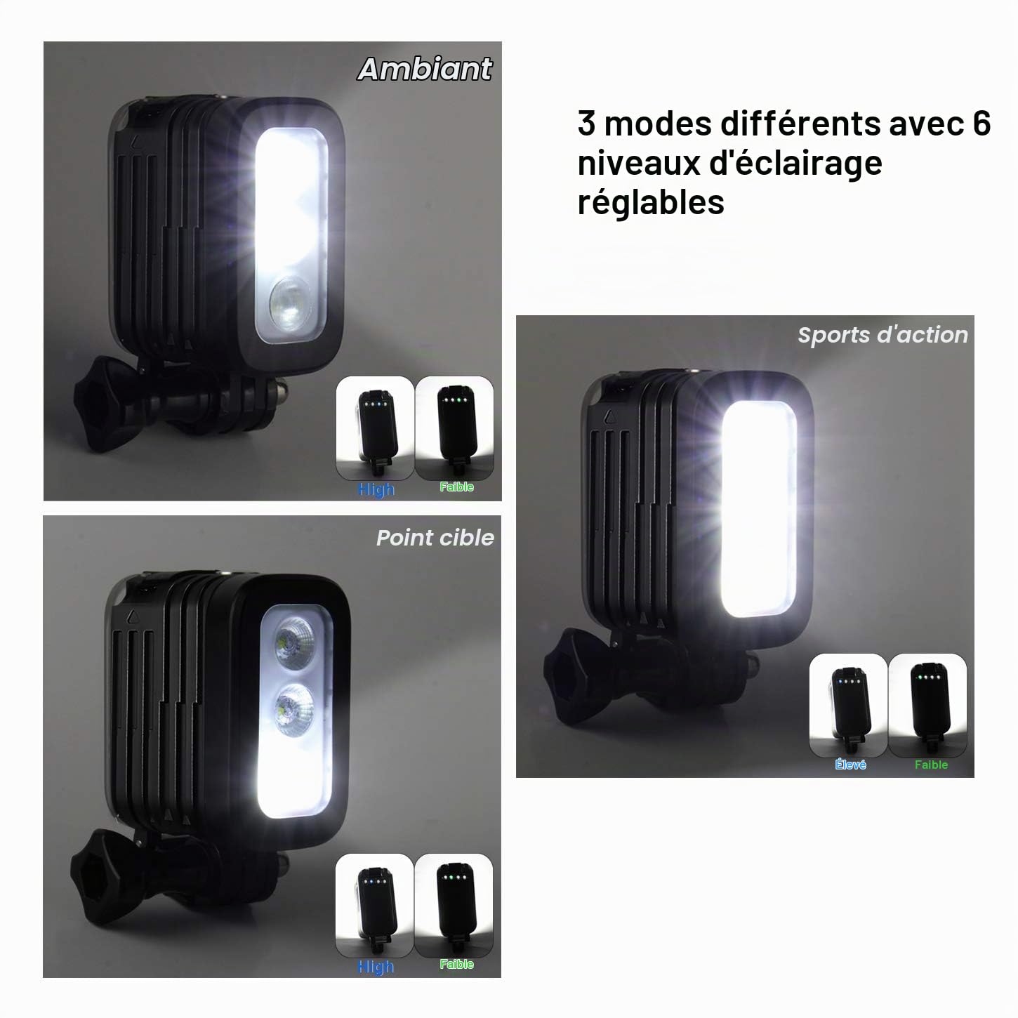 GEPULY Lampe sous-marine de plongée – 450 lm haute puissance 3 modes à intensité variable 50 m étanche LED pour GoPro Hero 13 12 11 10 9 8 7 6 5 4 3+ 3 DJI Osmo Action 3 4 5 Pro 6 AKASO