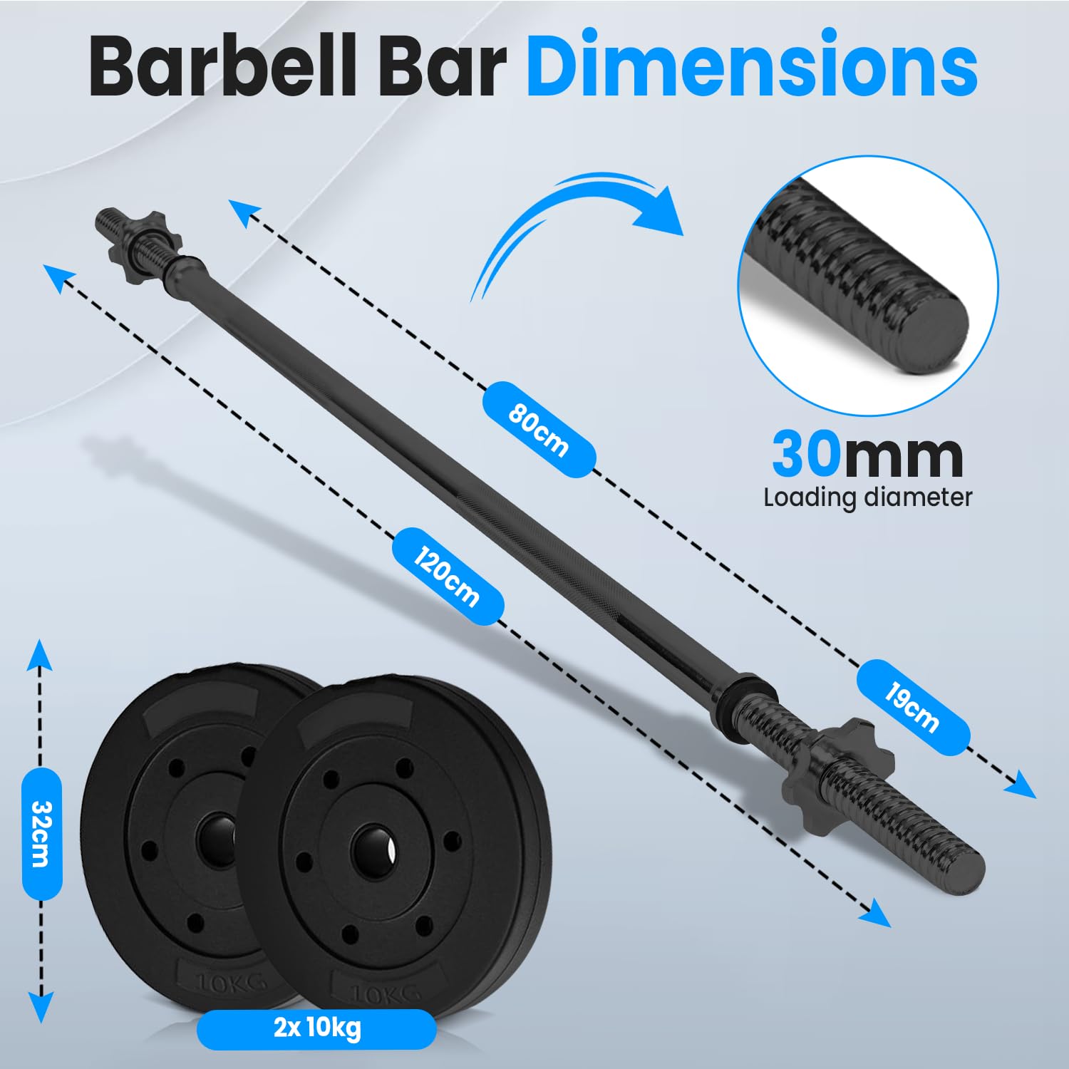 Schwarze Langhantelstange & Hantelscheiben Set Marcel 3.0, 26kg-60kg, 30mm Stahl, Zement Hantelscheiben, 120cm-200cm