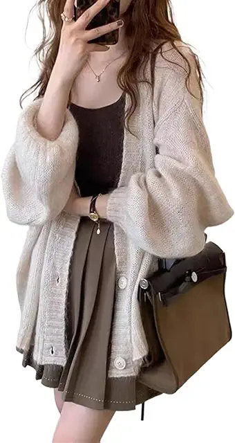Gilet mohair femme mi-long, manches lanternes, veste ample été début automne