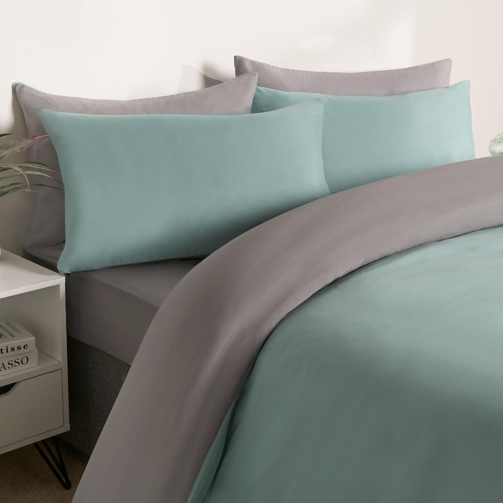 Brentfords Duvet Cover Set - Duck Egg/Grey Double Duvet Cover Set Reversible, Microfibre Quilt Covers Soft Cosy Comfy Double Duvet Covers Decorative With 2 Pillowcase, Duck Egg