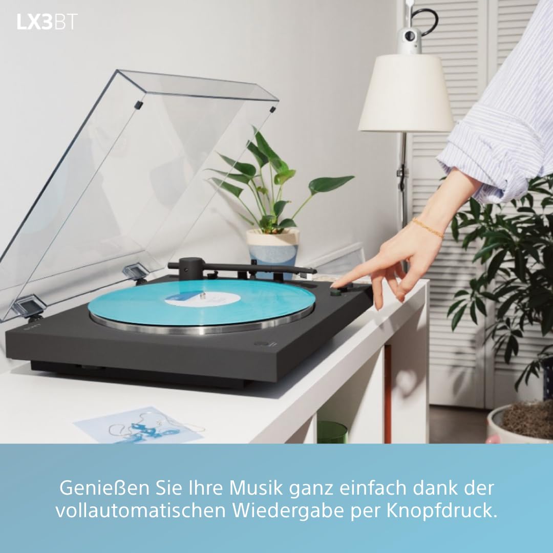 Sony PS-LX3BT kabelloser Bluetooth-Plattenspieler mit vollautomatischer Wiedergabe, Hi-Res Audio, Riemenantrieb, integriertem Phono-Vorverstärker, 2 Geschwindigkeiten und Staubschutzhaube – Schwarz