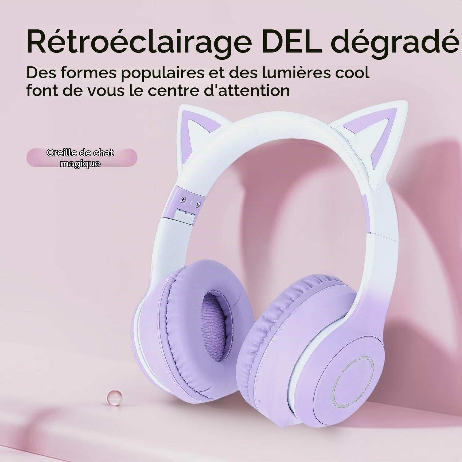 Casque Gaming sans Fil, Oreilles De Chat Mignonnes, Bluetooth 5.3, Éclairage LED, Microphone Amovible, Haut-Parleurs 40 Mm, Câble AUX 3,5 Mm, Pliable, Coussinets Confortables (Purple)