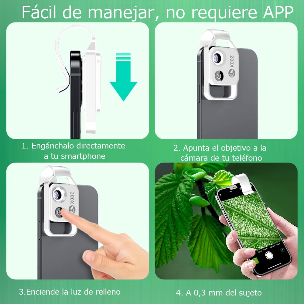 BIGFOX Microscopio de Teléfono con Luz LED, Portátil Microscopio HD 200X con Filtro CPL e Clip Universal para 99% Smartphone Niños y Adultos Exploran el Microcosmos(Plata)