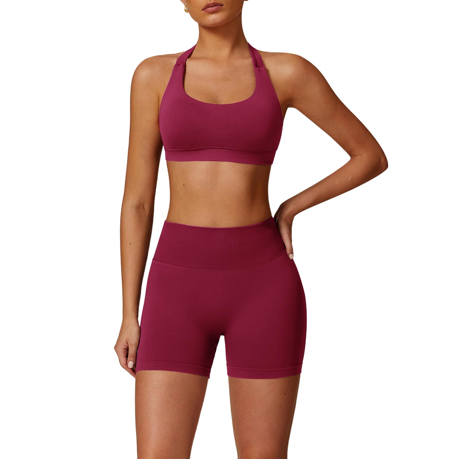 Set di allenamento da palestra senza cuciture per le donne 2 pezzi Halter Backless reggiseni sportivi nascosti pantaloncini elastici abiti da yoga tute da allenamento