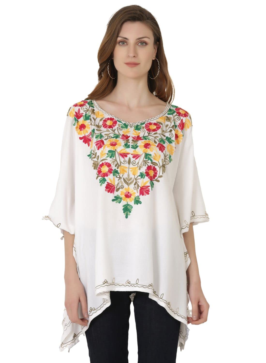 SaakaaWomen's Rayon Off-White Embroidery Kaftan
