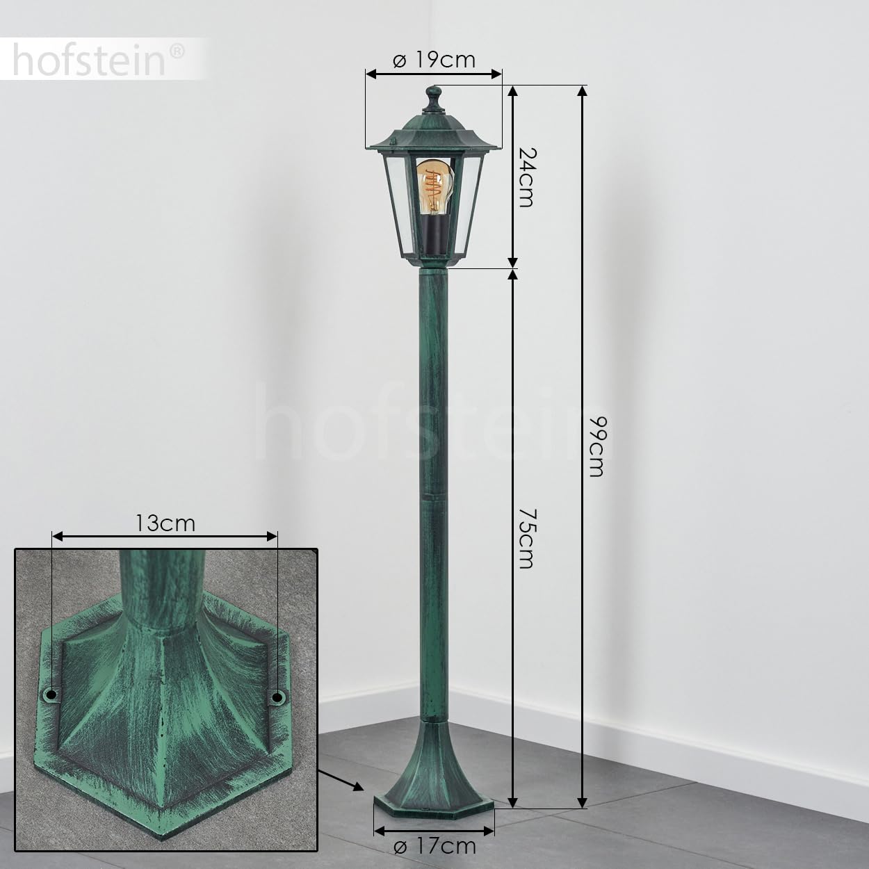 HOFSTEIN Lampa zewnętrzna Loria, oświetlenie ścieżki z metalu/szkła w kolorze zielono-czarnym/przezroczystym, lampa zewnętrzna o wyglądzie antycznym, 99 cm, lampa ogrodowa, oświetlenie ogrodowe IP44,