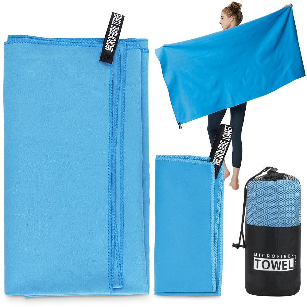 Supecaty Quick Dry Towel 40 x 80CM and 76 x 152CM 2 Pack Gym Towel Swimming Towel for Men Women Microfiber Travel Towel Fast Drying with Carry Bag for Beach Gym Backpacking Sports Yoga Swim Use, Blue