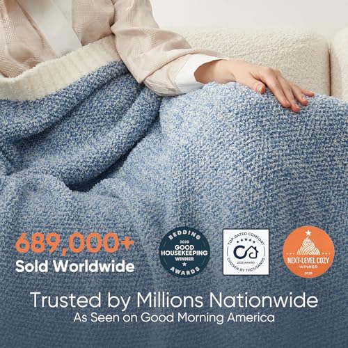 Image of Snuggle Sac Queen Size Bed Blanket Heather Blue, Reversible Super Soft Microfiber Blankets Warm Cozy Knit Fuzzy Plush Bed Blankets, Blue, Queen 90x90