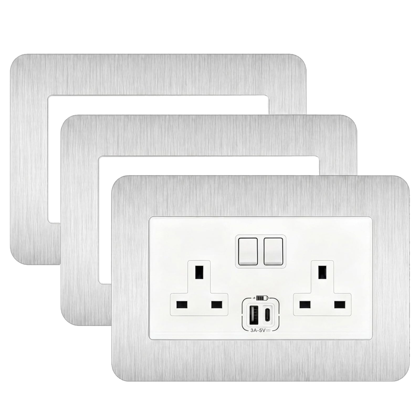 3 Pcs Double Socket Surround, Silver Light Switch Cover Plates for Wall