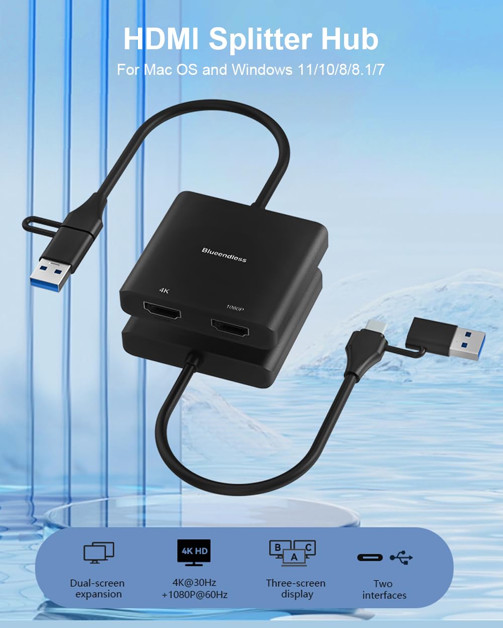USB 3.0 to Dual HDMI Adapter USB to 2 HDMI Multiple Monitor 4K 1080P 60Hz Full HD Audio Video Graphics Converter Cable Laptop Splitter Extended Display Dual Screens Desktop for Windows Mac OS