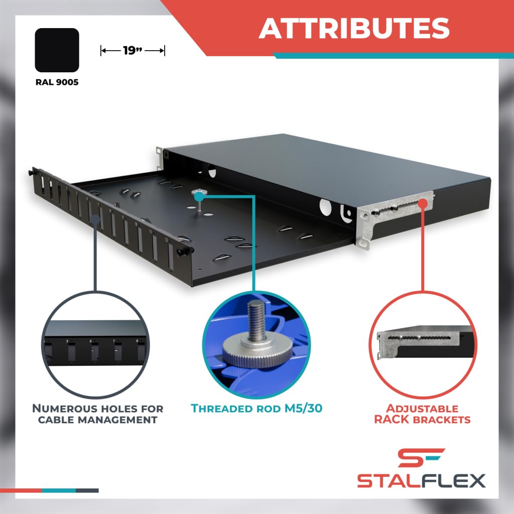 Rack Montage Glasfaser Anschlussdose Verteilerkasten ECO 19 Zoll 1U 12x Duplex LC/PC - Einfache Organisation von Glasfaserkabeln - Aus Stahl - Ideal für den Netzwerkschrank