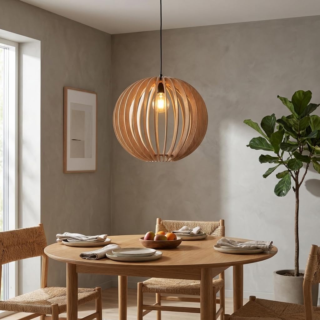 BARCELONA LED Lampa Wisząca BURMA Ø45 cm z Drewna MDF | Kulisty Klosz w Naturalnym Wykończeniu | Oprawka E27 Max. 40W | Regulowana Wysokość | Lampa Sufitowa do Salonu, Jadalni i Sypialni